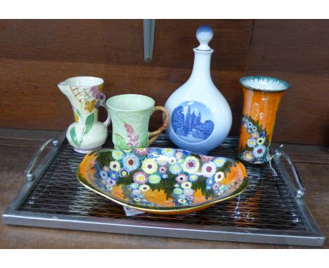 An Art Deco tray, two jugs including Wade Heath and Carlton ware and a Carlton ware vase and bowl and a Royal Copenhagen deca