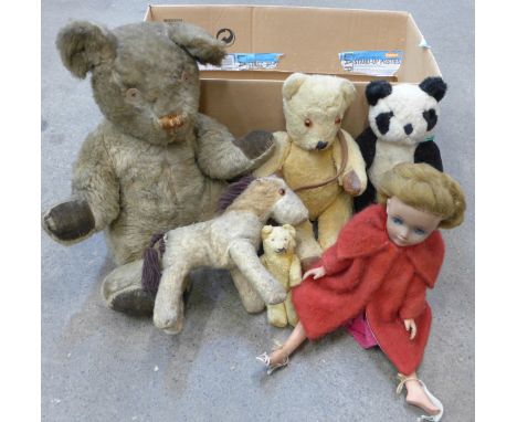 A Chiltern plastic doll, Teddy bears, panda, etc.