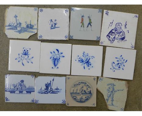 Twelve ceramic tiles including Delft, some a/f