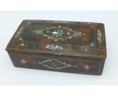 A mother of pearl inlaid snuff box, a/f, 97mm