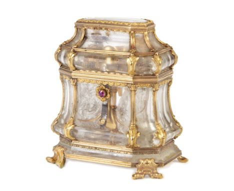 A Louis XV gold-mounted rock crystal snuff box, mid-18th century, in the form of a miniature bombe casket, the push-button in