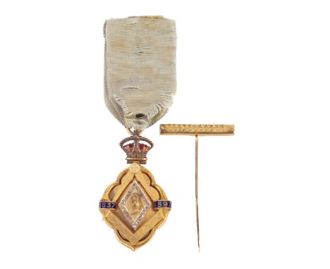 A Masonic 18ct gold and diamond set Queen Victoria Diamond Jubilee jewel, by Spencer & Co., 1897, London, the raised diamond 