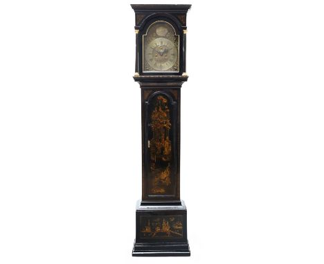 An English black japanned longcase clock, mid-18th century, the case with chinoiserie decoration of figures, buildings and fl