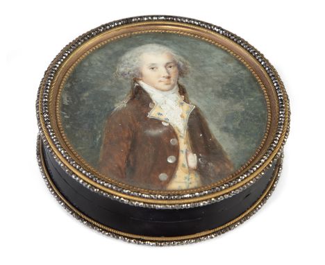 A tortoiseshell snuff box, English or French, late 18th century, the top inset with an ivory portrait miniature of a gentlema