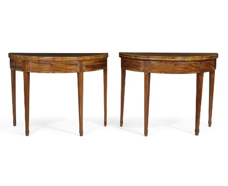 A pair of George III mahogany demi-lune card and tea tables, last quarter 18th century, the crossbanded tops, inlaid with a b