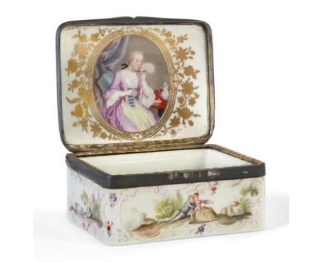 A gilt-metal mounted Meissen porcelain rectangular snuff-box and cover, c.1755-60, the exterior painted with figures in lands