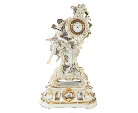 A Meissen porcelain rococo clock-case and a stand, 19th century, traces of blue crossed swords mark to clock, blue crossed sw