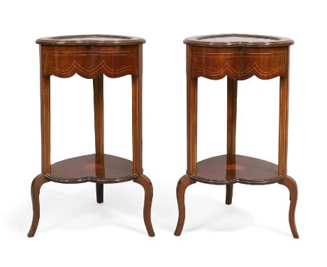 A pair of Edwardian line inlaid mahogany heart shape bijouterie cabinets, early 20th century, satinwood crossbanded tops on s