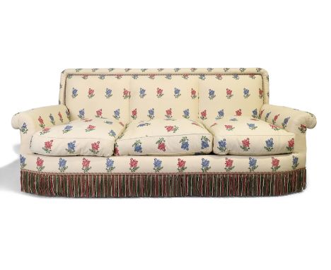 A modern three seat sofa, upholstered by Decour, Paris, with floral cotton upholstery and rope trim, on tapering feet, 90cm h