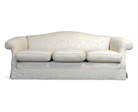 A Peter Dudgeon camel back three seat sofa, last quarter 20th century, with cream damask upholstery, on castors, 86cm high, 2