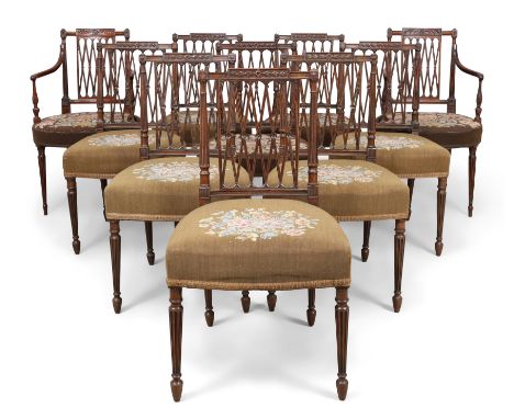 A matched set of ten George III mahogany dining chairs, last quarter 18th century, in the manner of Gillows, including two ca