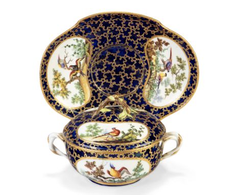 A Sèvres porcelain dark-blue-ground two-handled écuelle, cover and stand, 1763, blue interlaced L mark enclosing date letter 