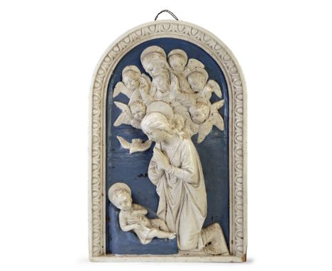 A Florence (Cantagalli) glazed terracotta blue and white arched plaque, 20th century, impressed mark CANTAGALLI FIRENZE MARCA