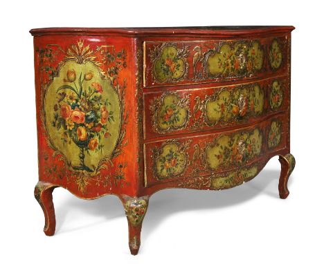 An Italian painted 'lacca povera' serpentine front commode, 18th century, the red ground with cream reserves painted with flo