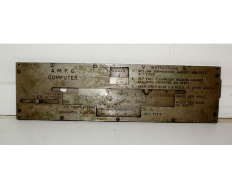 Aviation interest Rare and important Air miles per gallon computer in the form of a calibrated steel slide rule made for the 