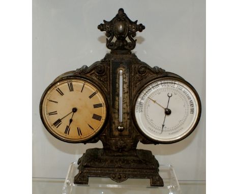 French Early 20th century twin clock and barometer with thermometer on a metal stand, clock currently runs but barometer appe