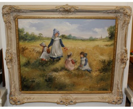 20th century Oil painting of young children in Victorian dress playing, Signed George