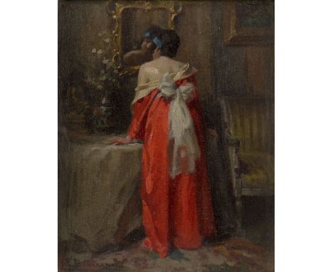 Alexandre-Francois Bonnardel, French 1867-1942 -  Lady in her Boudoir (recto), street scene (verso); oil on canvas laid down 
