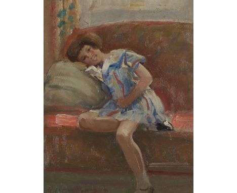 Harry John Pearson, British 1872-1933 - Portrait of a young girl seated on a red sofa, (with 'Portrait of a young girl stood 