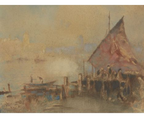 Ruston Vicaji, British/Indian 1856-c.1928 - Harbour scene; pastel and monotype on paper, signed lower left 'R Vicaji', 25.6 x