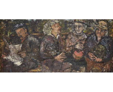 Ernst Eisenmayer, Austrian/British 1920-2018 - Four figures on a park bench, 1956; oil on board, dated on the reverse '1956',