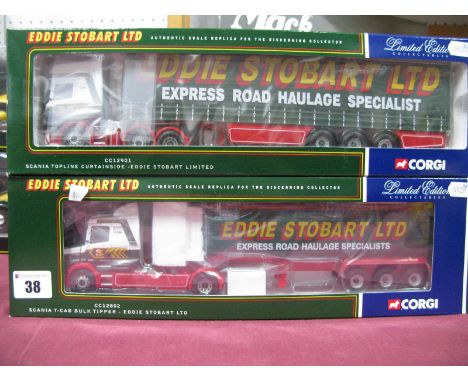 Two Corgi 1:50th Scale Diecast Model Eddie Stobart Liveried Commercial  Vehicles, #CC12901 Scania Topline Curtainside, certif