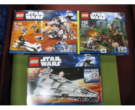 Three Lego Star Wars Sets, comprising of #8099 Mid scale imperial Star Destroyer, #7869 Battle for Geonosis, #7956 Ewok Attac
