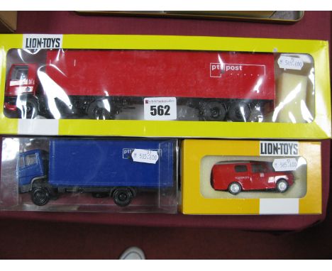 Three Diecast Model Commercial Vehicles, by Lion Toys, NZG including Lion Toys DAF Nr. 36 'PTT Post', Lion Car DAF NA 2000 Va