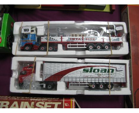 Two Corgi 1:50th Scale Diecast Model Commercial Vehicles, Volvo FH12 'Scotlee Transport', Volvo FH12 'Sloan Transport', signs