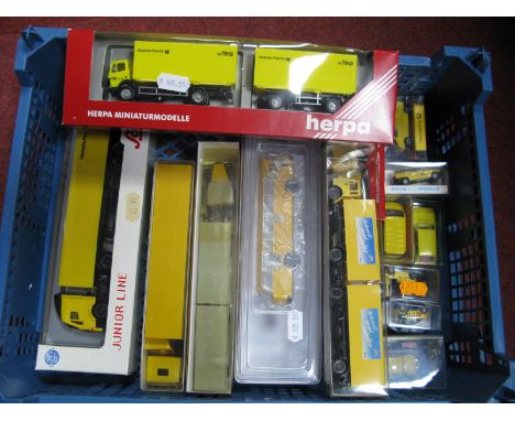 Fourteen "HO" Scale Plastic and Diecast Lineside Vehicles, by Schuco, Brekina, Herpa, Wiking and other, nearly always with De