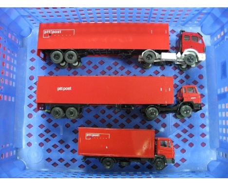 Three Diecast Commercial Vehicles Models, by Lion NZG approximately 1:50th Scale, all red "PTT Post Liveries.