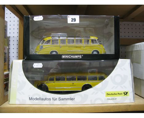 Two 1:43rd Scale Diecast Model 'Deutsche Bundespost' Liveried Mercedes Benz Buses, by Minichamps, Schuco, including Minichamp