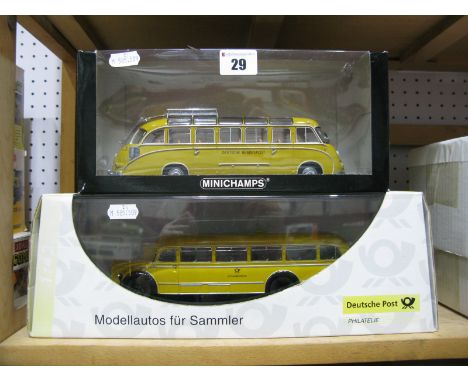 Two 1:43rd Scale Diecast Model 'Deutsche Bundespost' Liveried Mercedes Benz Buses, by Minichamps, Schuco, including Minichamp