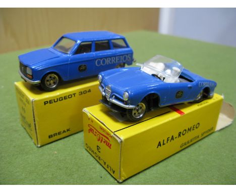 Two Metosul Diecast Model Cars, approximately 1:43rd scale, #49 Peugeot 304 Break, #3  Alfa-Romeo Giulietta Spyder 'Correios'