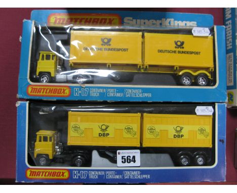 Two Matchbox Diecast Model Commercial Vehicles, #K-17 Superkings Container Truck (circa 1978), #K-17 Superkings Container Tru