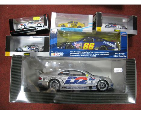 Six Diecast Model Motor Sports Cars, by Onyx, Trofeu,, Minichamps, Team Caliber and other, all with Postal Service/Telecom Th