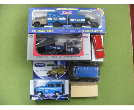 Eight Diecast Model Vehicles, predominately with a Russian or Belo Russian Postal Service, themed livery, including ZIL MMZ 5