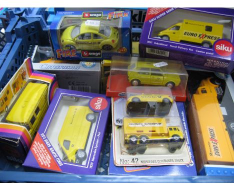 Eleven Diecast Model Vehicles, by Siku, Matchbox, Cararama, Burago, Maisto, Schuco, of differing scales, all with Deutsche Bu