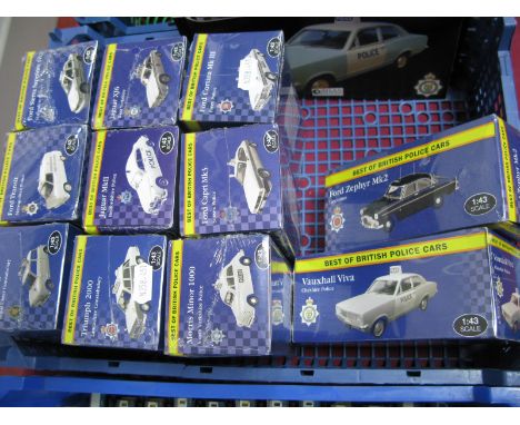 Eleven Atlas Editions 1:43rd Scale Diecast Model British Police Cars, 'Best of British Police Cars, including Jaguar AJ6 'Wes