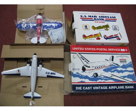 Two Spec Cast (IOWA) Diecast Model Airplane Banks, #45018 United States Postal Service DC3, #103 1:32nd Scale Express Mail Ai