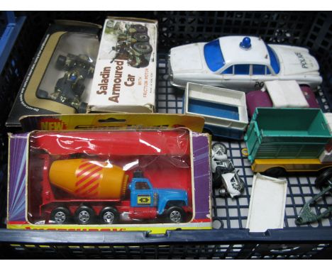 A Plastic Saladin Armoured Car by Woolbro, boxed, Matchbox Superkings K-6 Cement Mixer, boxed, Britains Police Bike, among si