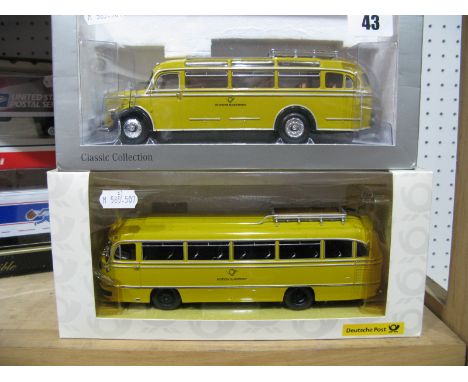 Two Minichamps 1:43rd Scale Diecast Model 'Deutsch Bundespost' Mercedes Buses, including #010483 Mercedes Benz 0 321 H "Kraft