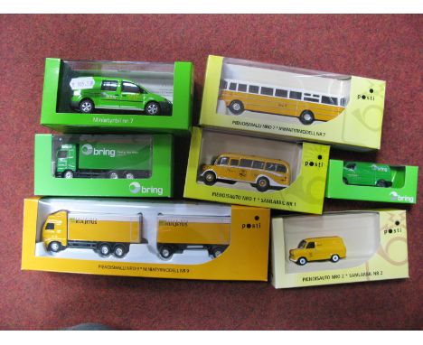 Seven Diecast Model Vehicles, by Motorart, MInichamps, Welly, Corgi, Lledo, all Scandinavian Postal liveries including Minich