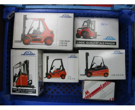 Six Boxed Diecast Model Warehouse Machinery Vehicles, by Schuco, Conrad including 1:24th Scale Schuco Linde-Stapler, 1:25th S