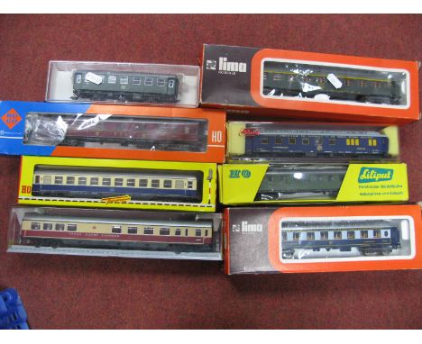 Eight 'HO' Gauge Continental Coaches, by Lima, Lilliput, Fleischmann, Roco, mainly DB Railway but includes "Compagnie Interna