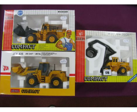 Three Joal Diecast Model Plant Machinery Vehicles,  1:50th Scale #237 Volvo BM Ligo High-Lift, 1:35th Scale JCB 435 Loader, 1