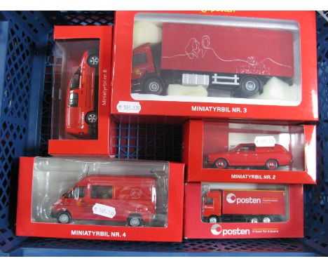 Five Diecast Model Vehicles, mainly 1:43rd and 1:50th Scale, all  Norwegian Post "Posten" liveries including Lion Toys 1:50th