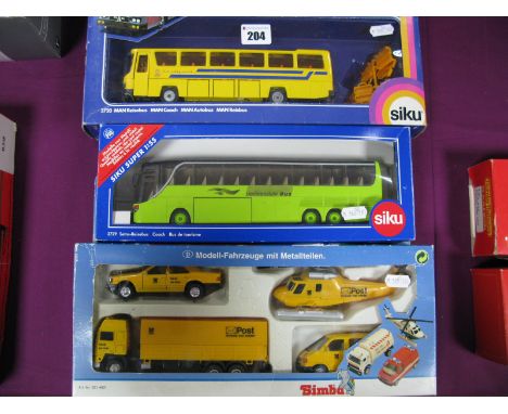 Six Diecast and Plastic Model Vehicles, by Siku, Simba including #3729 1:55th Scale Coach 'Liechtenstein Bus', #3720 Man Coac