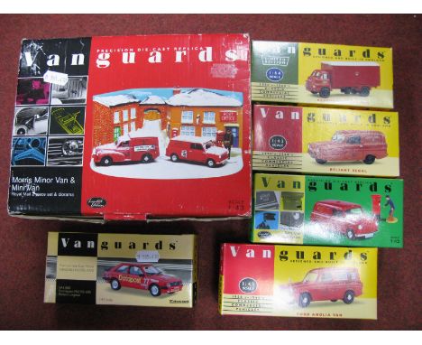 Seven Vanguards1:43rd Scale Diecast Model Vehicles, all Royal Mail liveries including #GD1002 Morris Minor van and Mini van '
