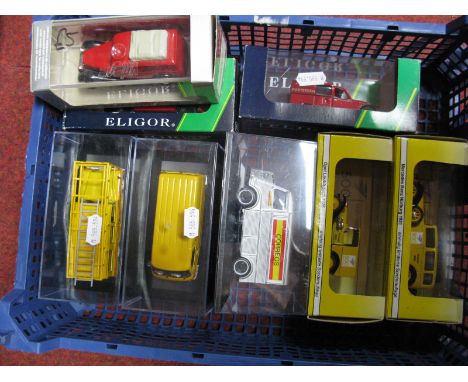 Eight Diecast Model Vehicles, approximately 1:43rd Scale by Eligor, Retro Vitesse and other. All European Postal liveries inc